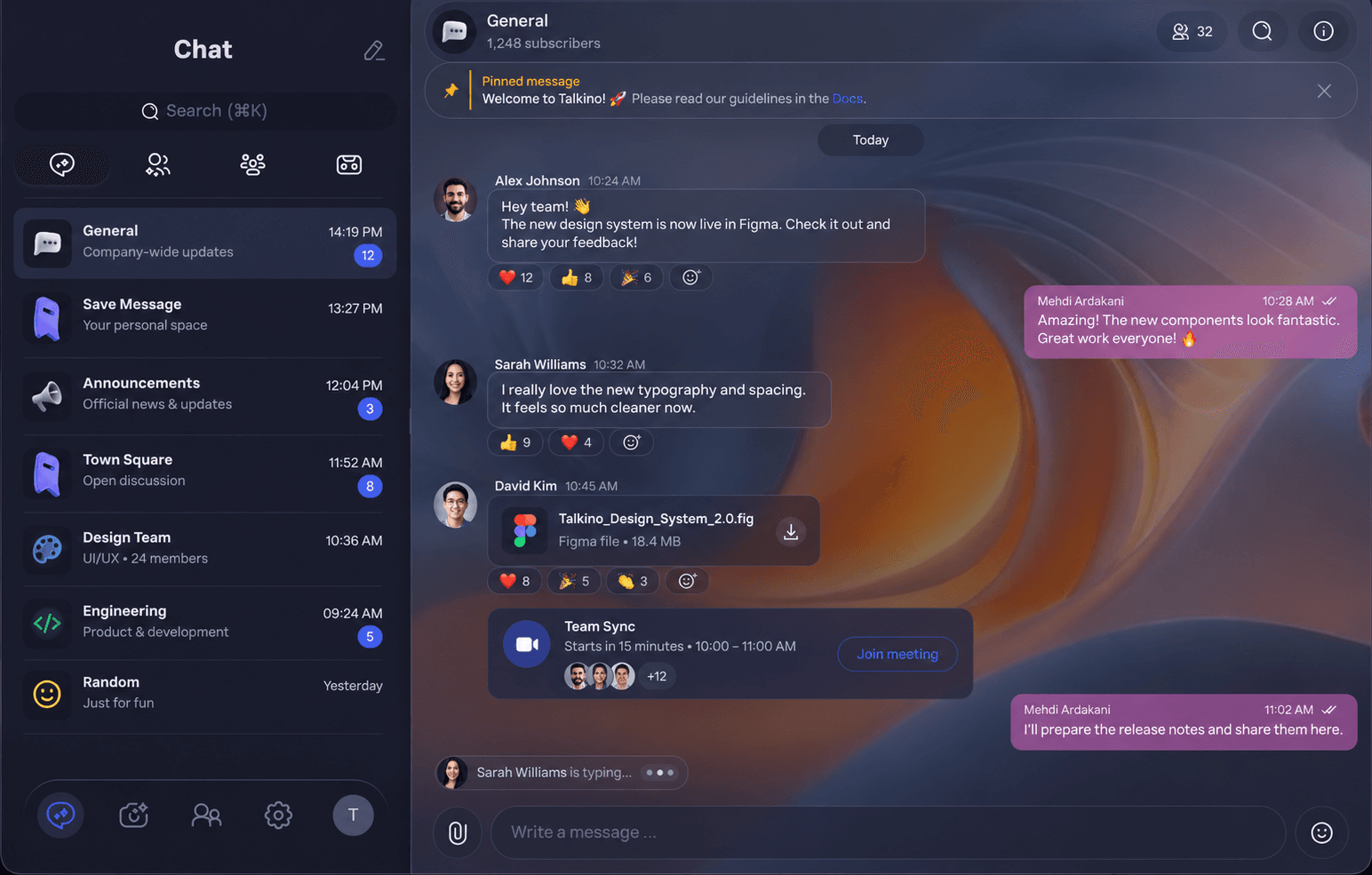 Talkino team workspace showing organized conversations